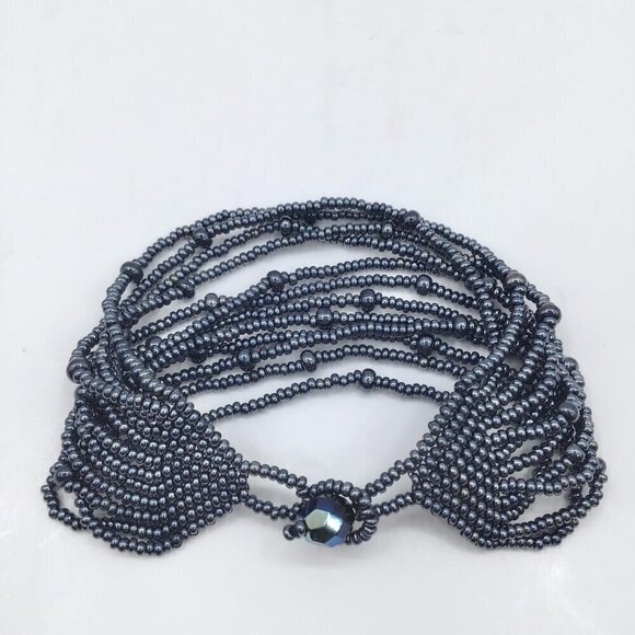 Handmade Jewelry - Vintage Women's Hand Beaded Bracelet Seed Beads Multi Strand Adjustable Gunmetal